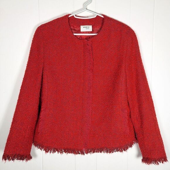 Akris Punto Chunky Tweed Short Jacket Fringe Trim Boucle Zip Pockets Red Size 10 - Picture 1 of 9